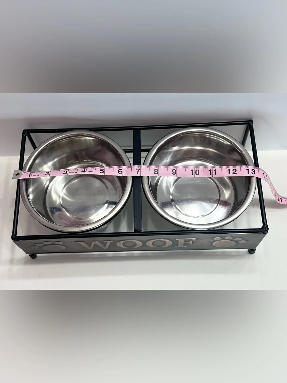 Elevated Double Dog Bowls and Stand with 'WOOF' Raised Letterings